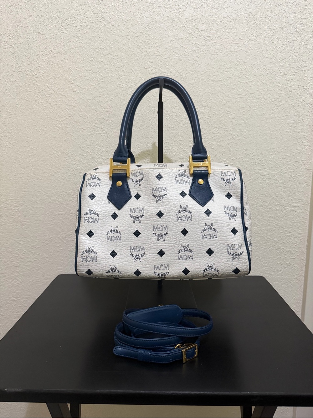 MCM White Logo Satchel with Blue Trim and Gold Hardware - Picture 4 of 6